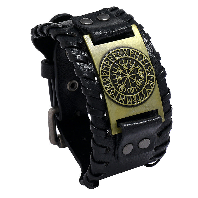 Simple Retro Nordic Viking Compass Leather Bracelet