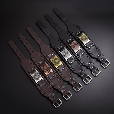 Simple Retro Nordic Viking Compass Leather Bracelet