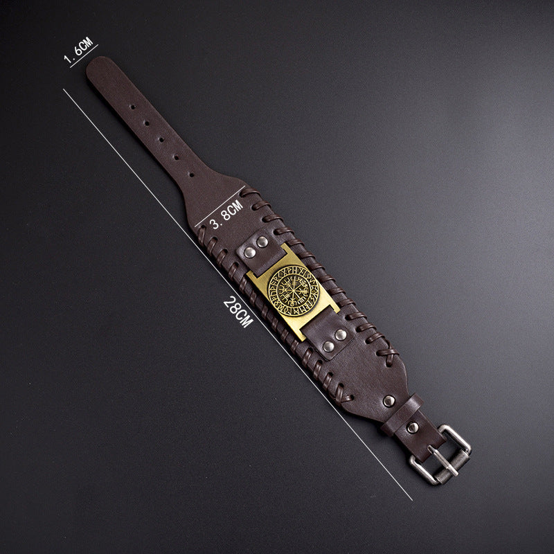 Simple Retro Nordic Viking Compass Leather Bracelet