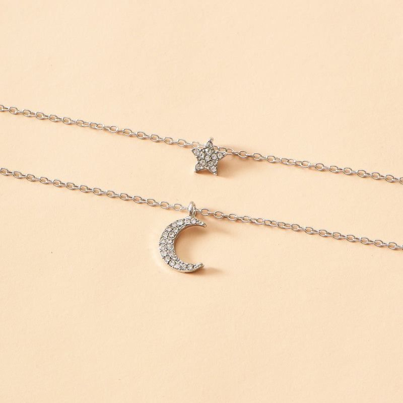 Layered Star and Moon Pendant Necklace - Fashion Alloy Jewelry for Women