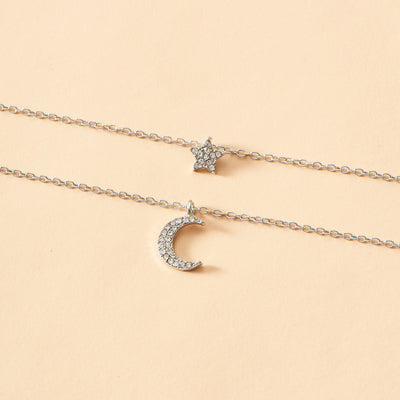 Layered Star and Moon Pendant Necklace - Fashion Alloy Jewelry for Women