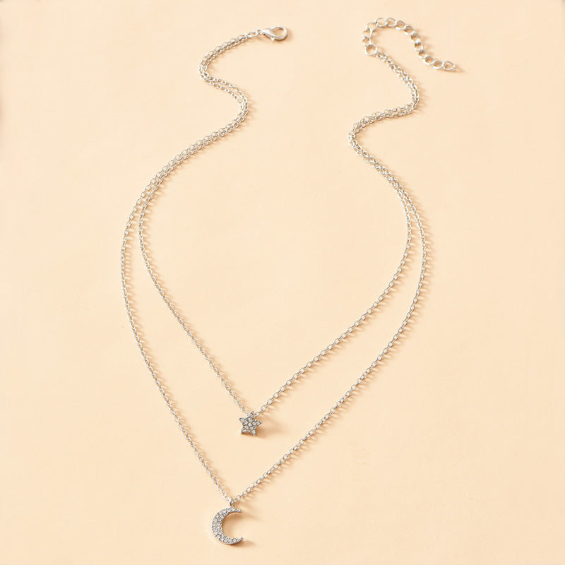 Layered Star and Moon Pendant Necklace - Fashion Alloy Jewelry for Women