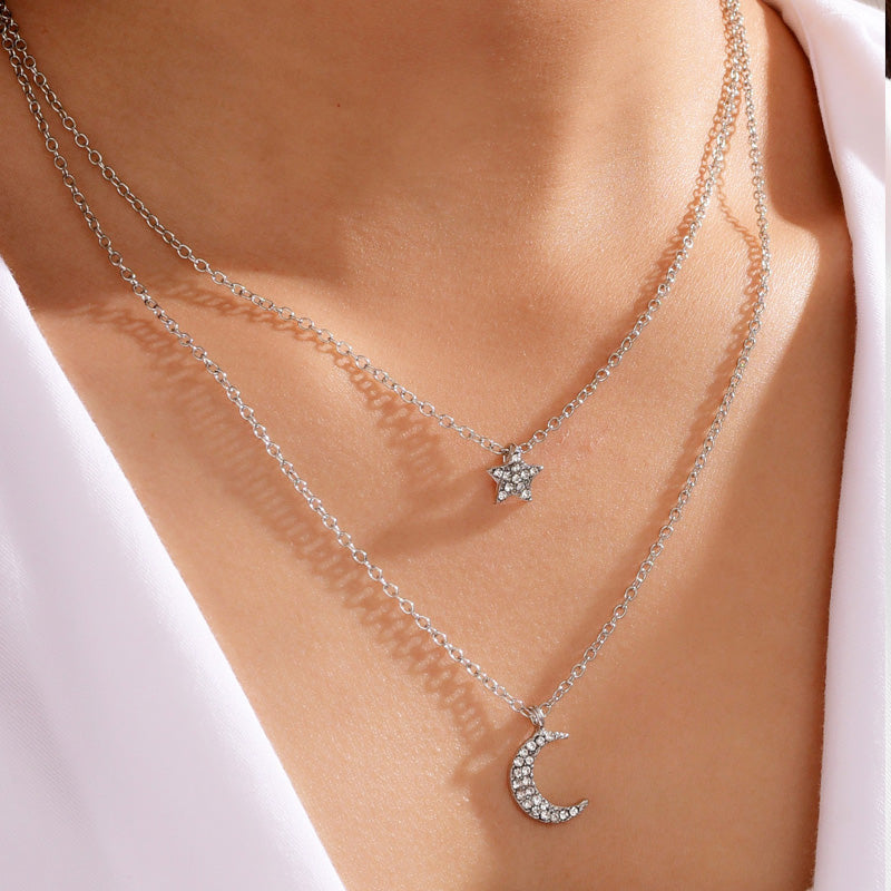 Layered Star and Moon Pendant Necklace - Fashion Alloy Jewelry for Women