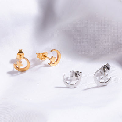 Simple Star and Moon Stainless Steel Alloy Earrings in Gold and Silver