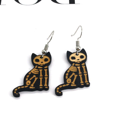 Gothic Black Cat Resin and Wood Drop Earrings