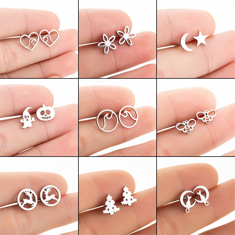 Simple Geometric Wave and Christmas Tree Heart Elk Stainless Steel Hollow Out Earrings 1 Pair