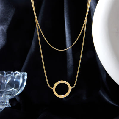 Gold Plated Stainless Steel Layered Snake Chain Circle Pendant Necklace