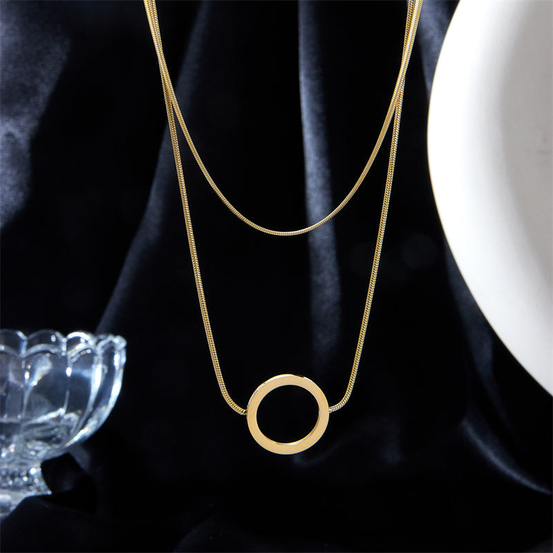 Gold Plated Stainless Steel Layered Snake Chain Circle Pendant Necklace