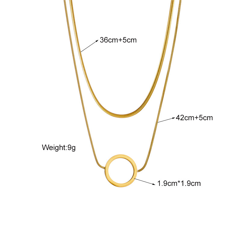 Gold Plated Stainless Steel Layered Snake Chain Circle Pendant Necklace