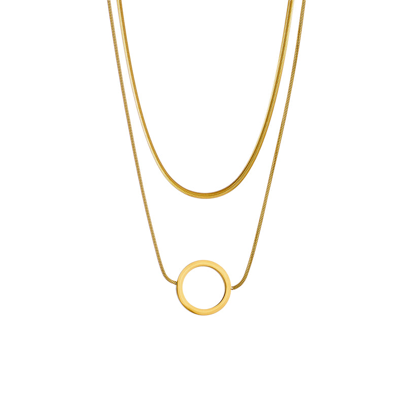 Gold Plated Stainless Steel Layered Snake Chain Circle Pendant Necklace