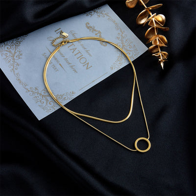 Gold Plated Stainless Steel Layered Snake Chain Circle Pendant Necklace