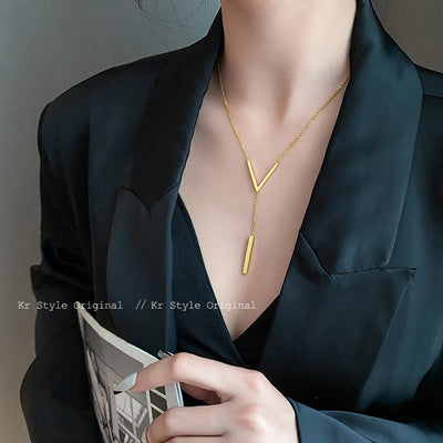 Simple V-Shaped Pendant Titanium Steel 18K Gold Plated Necklace