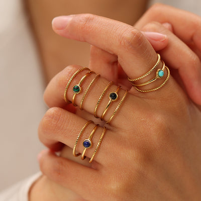 Simple Style Vintage Natural Stone 18k Gold Stainless Steel Open Ring