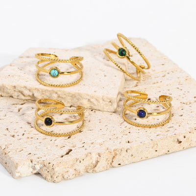 Simple Style Vintage Natural Stone 18k Gold Stainless Steel Open Ring