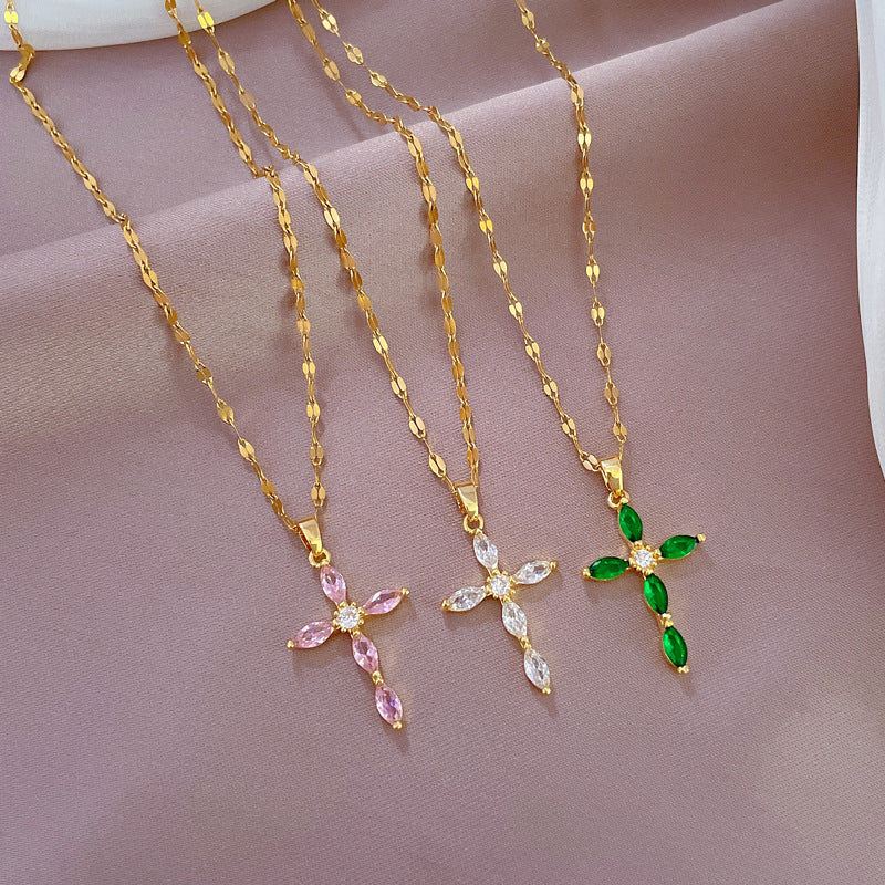 Simple Style Luxurious Zircon Cross Pendant Necklace in Stainless Steel and Copper