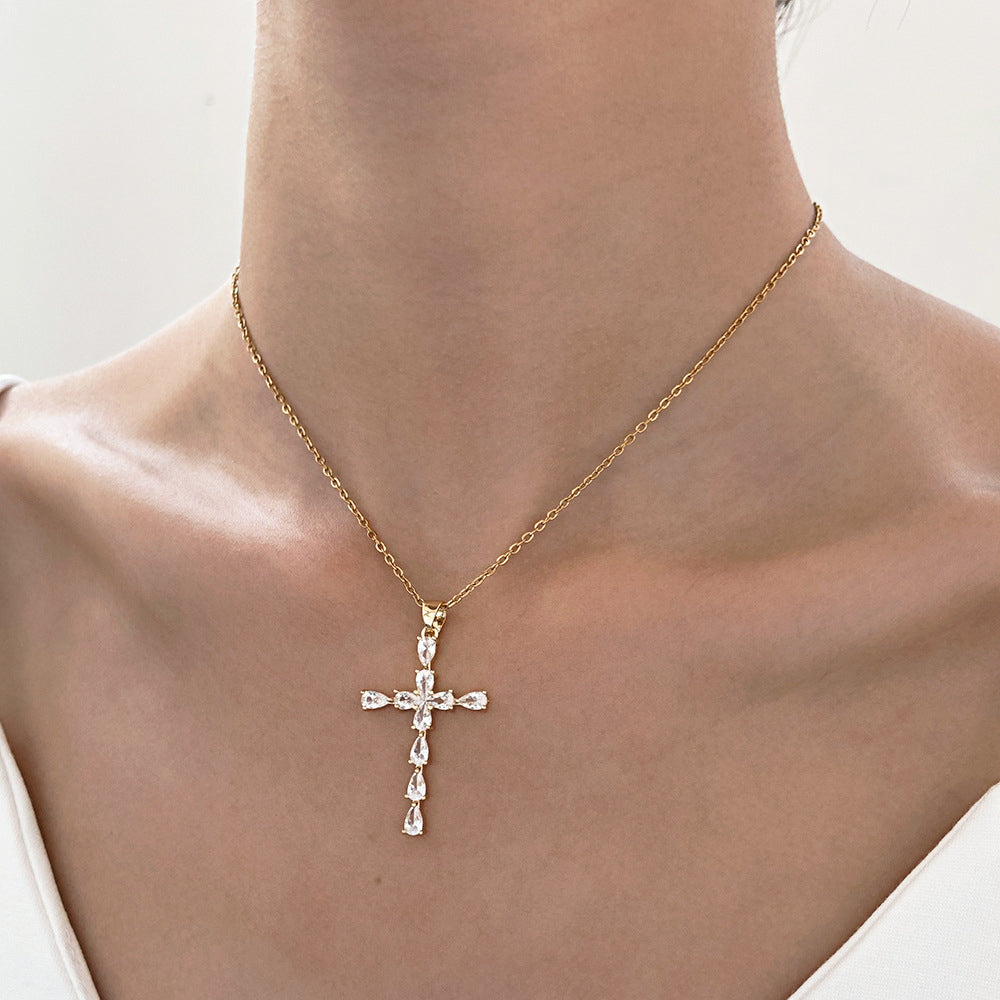 Simple Style Zircon Cross Pendant Necklace in 18K Gold and Silver Plating