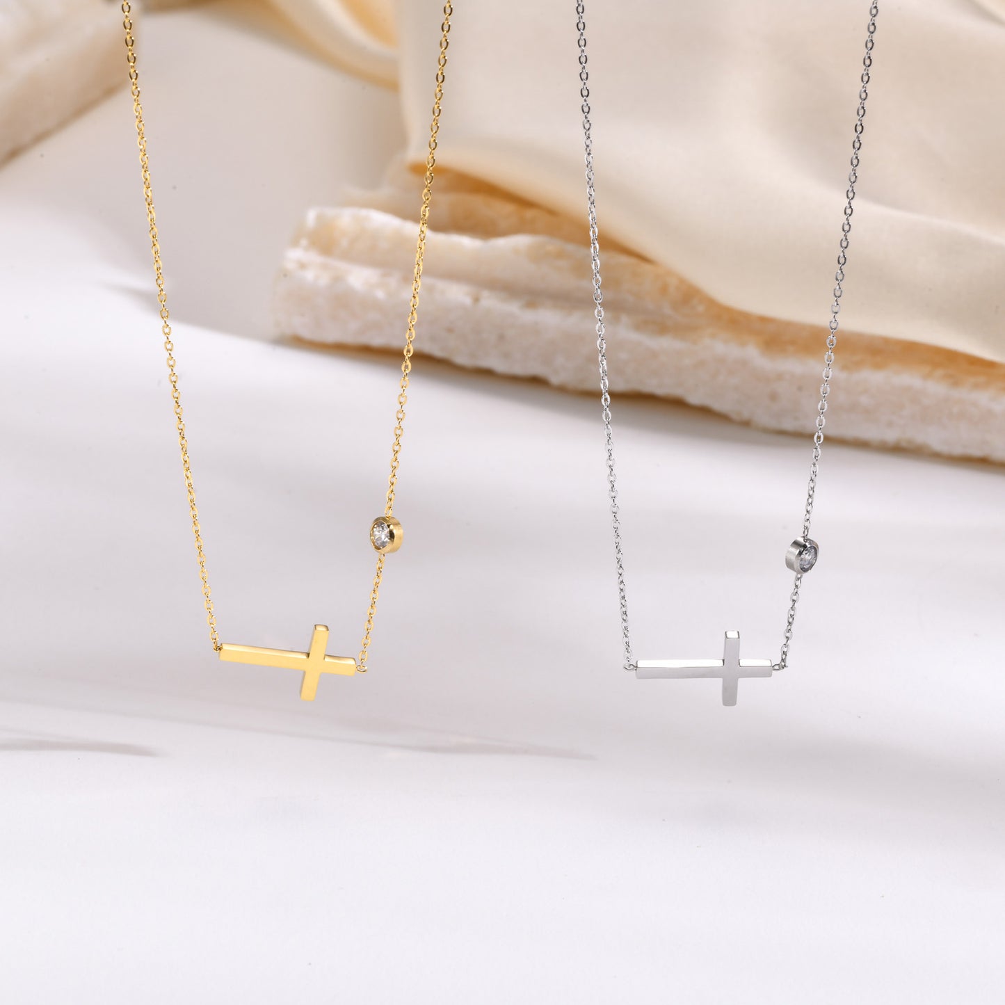 Elegant Zircon Cross Necklace in Gold-Plated Titanium Steel