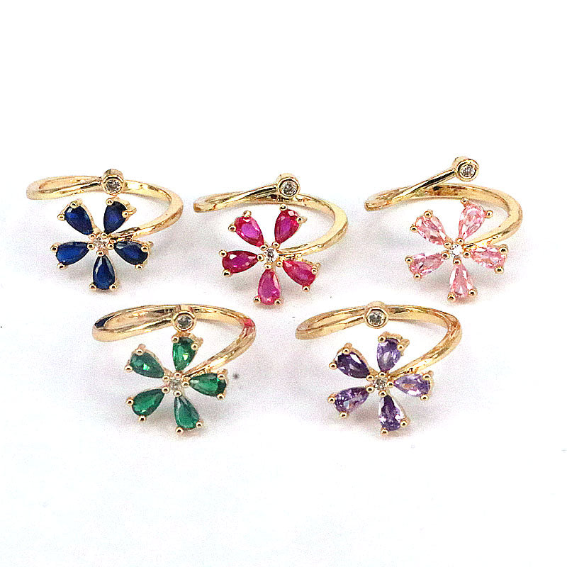 Simple Flower Zircon Adjustable Gold Plated Copper Ring