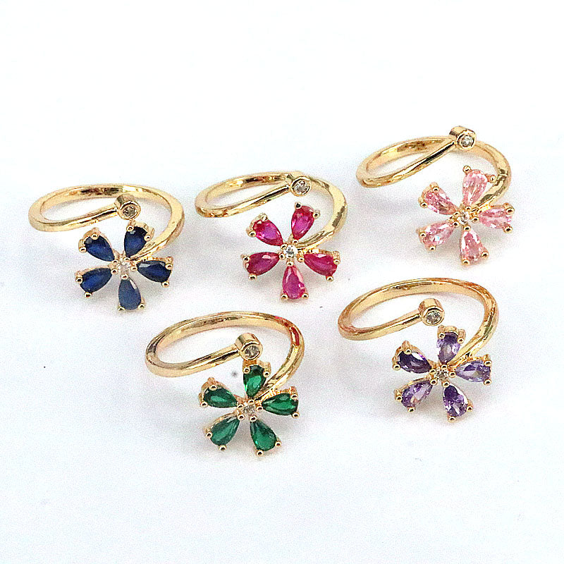 Simple Flower Zircon Adjustable Gold Plated Copper Ring