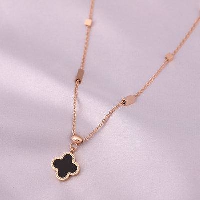 Simple Four Leaf Clover Titanium Steel Shell Inlay Necklace with Square Chain Design