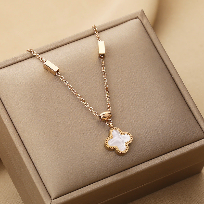 Simple Four Leaf Clover Titanium Steel Shell Inlay Necklace with Square Chain Design