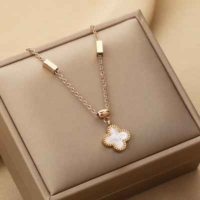 Simple Four Leaf Clover Titanium Steel Shell Inlay Necklace with Square Chain Design