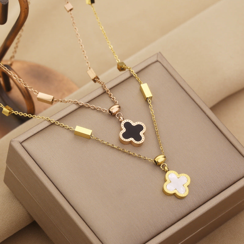 Simple Four Leaf Clover Titanium Steel Shell Inlay Necklace with Square Chain Design