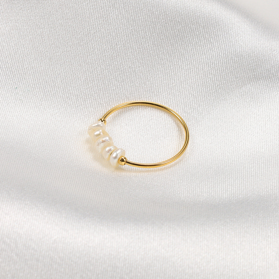 Simple Geometric Freshwater Pearl Titanium Steel Ring