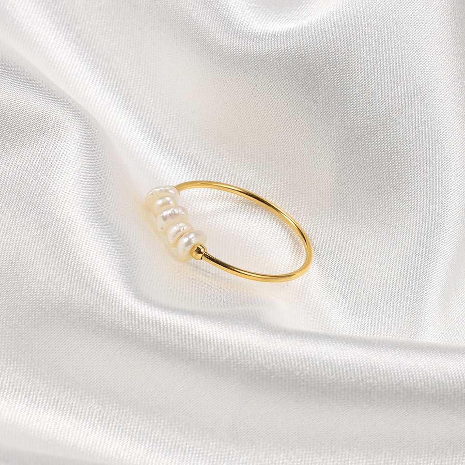 Simple Geometric Freshwater Pearl Titanium Steel Ring