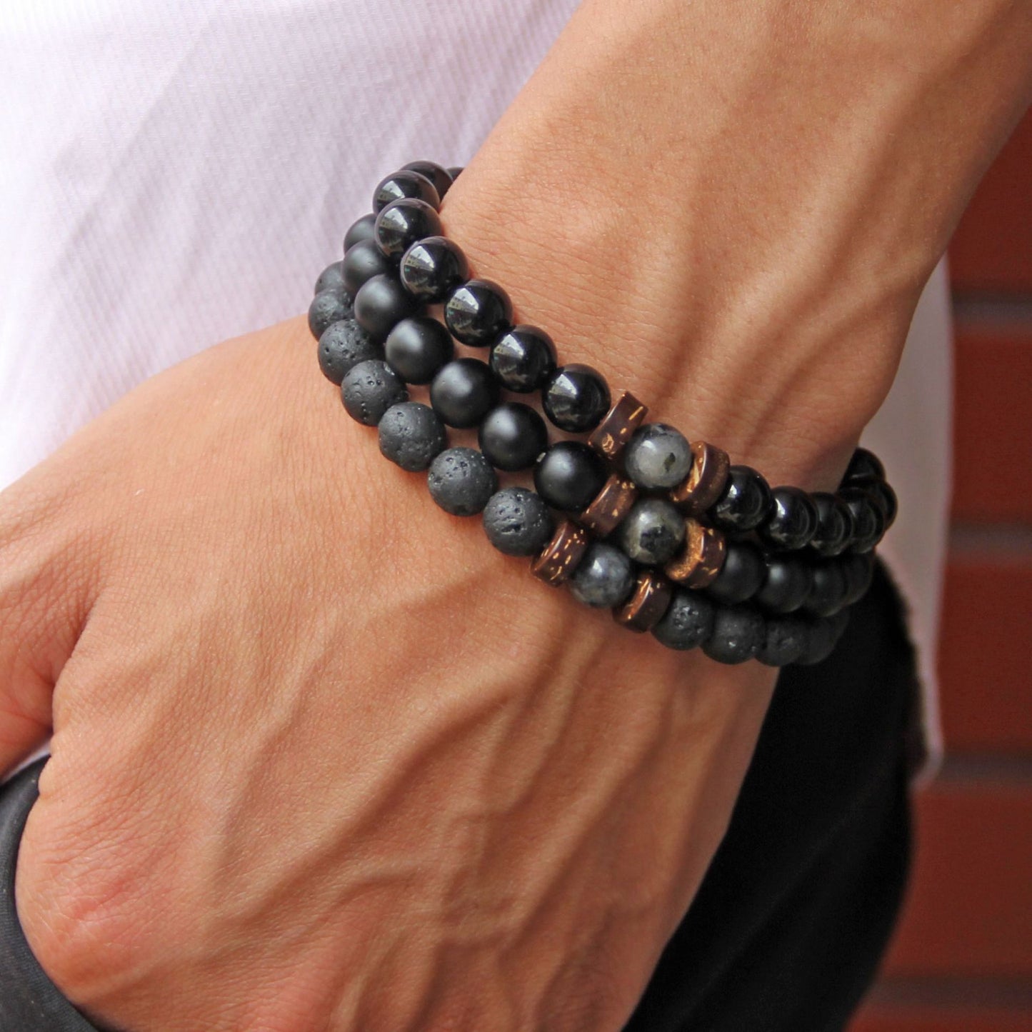 Geometric Natural Stone & Coconut Wood Beaded Men's Energy Bracelet