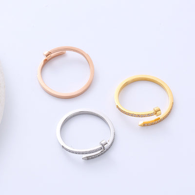 Simple Geometric Zircon Inlaid Titanium Steel Statement Ring for Women