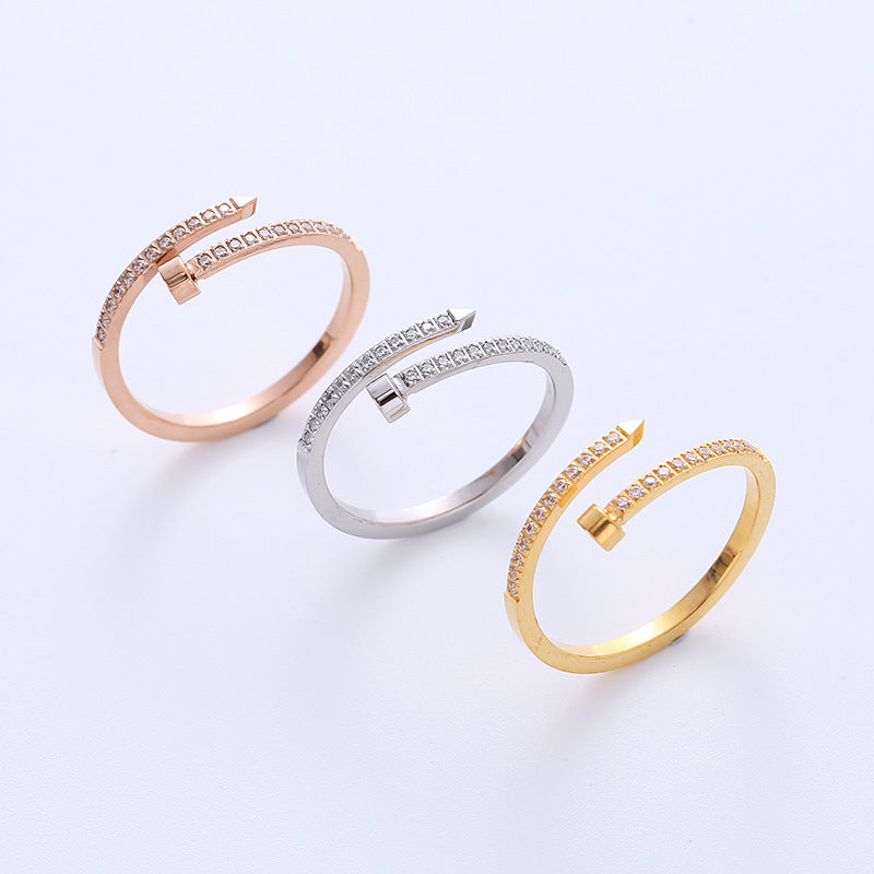 Simple Geometric Zircon Inlaid Titanium Steel Statement Ring for Women