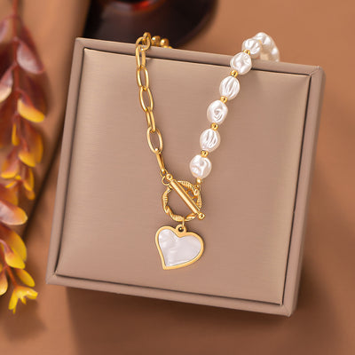 Simple Baroque Pearl Heart Pendant Stainless Steel Necklace