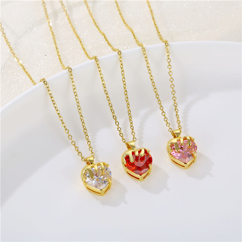 Simple Heart-Shaped Stainless Steel Zircon Crystal Necklace