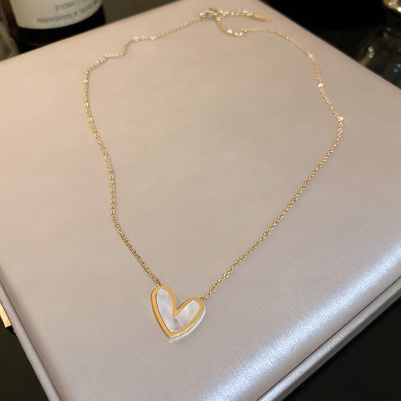 Simple Heart Shape Titanium Steel Pendant Necklace with White Mother of Pearl