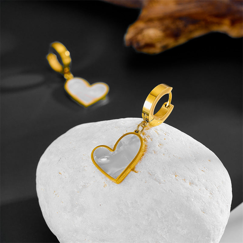 Simple Heart Shape Titanium Steel Shell Inlay Drop Earrings for Women