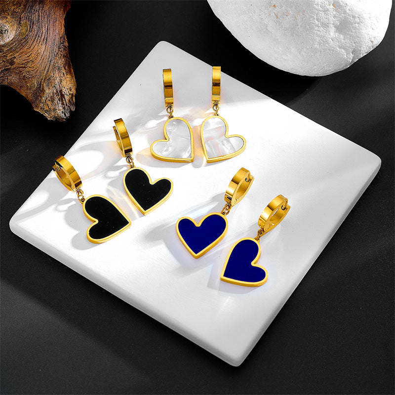 Simple Heart Shape Titanium Steel Shell Inlay Drop Earrings for Women