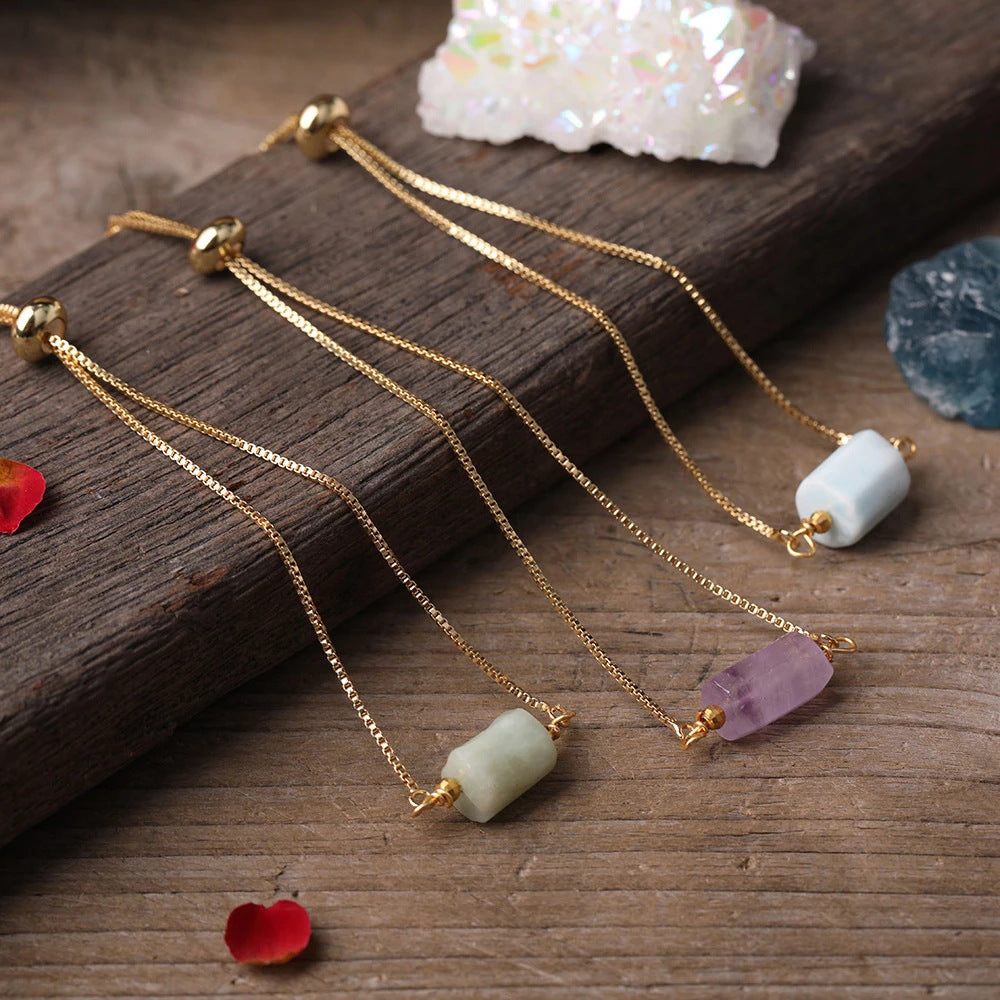 Simple Irregular Agate Prism Stone Metal Chain Adjustable Bracelet for Women