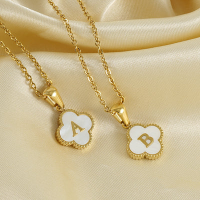 Minimalist Clover & Leaf Letter Gold Plated Stainless Steel Pendant Necklace