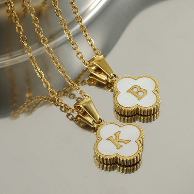 Simple Clover Shell Letter Stainless Steel 18K Gold Plated Pendant Necklace