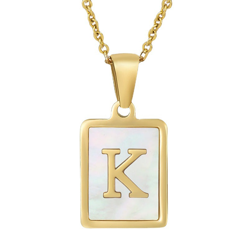 Stainless Steel Alphabet Pendant Necklace with Inlay Shell and 18K Gold Plating