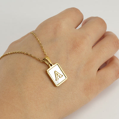 Stainless Steel Alphabet Pendant Necklace with Inlay Shell and 18K Gold Plating