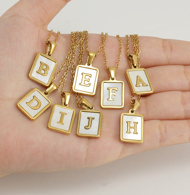 Stainless Steel Alphabet Pendant Necklace with Inlay Shell and 18K Gold Plating