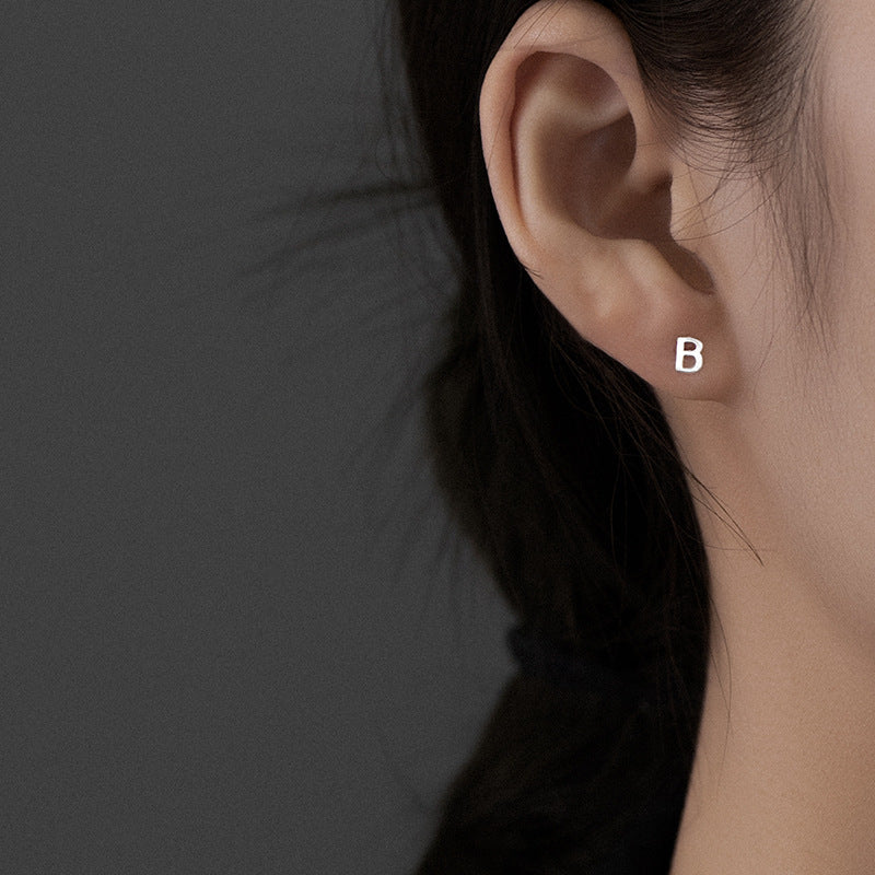 Simple Sterling Silver Letter Design Ear Studs for Women