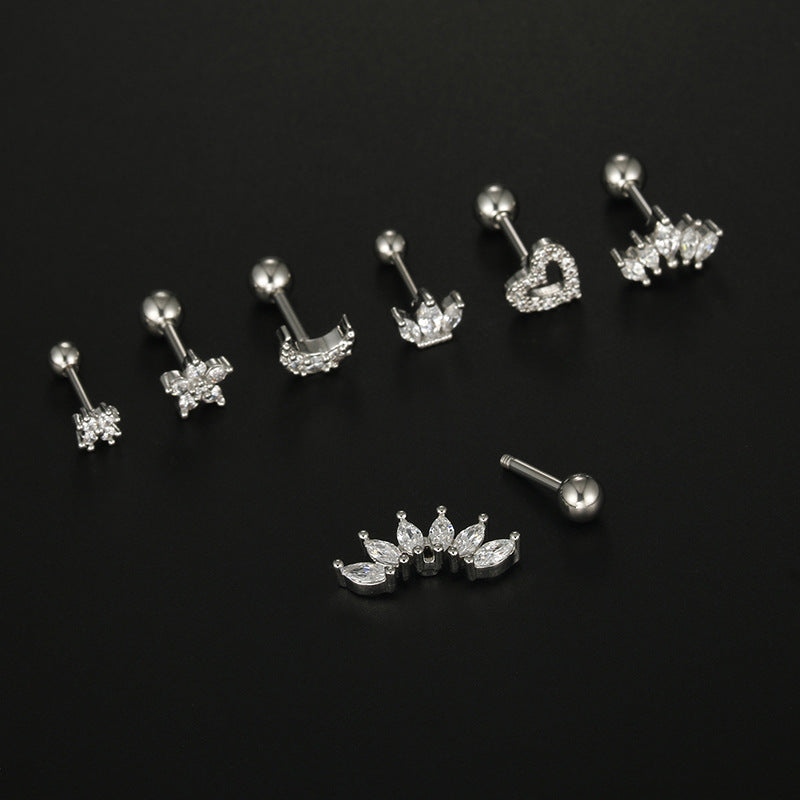 Simple Moon Heart Flower Zircon Stainless Steel Ear Studs