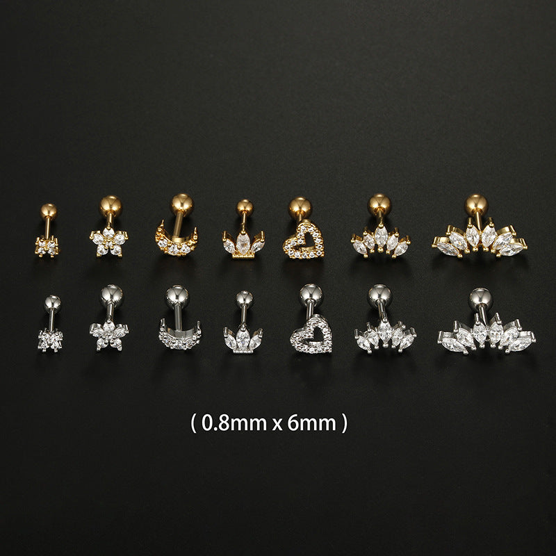 Simple Moon Heart Flower Zircon Stainless Steel Ear Studs