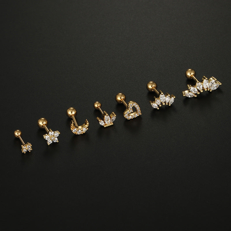 Simple Moon Heart Flower Zircon Stainless Steel Ear Studs