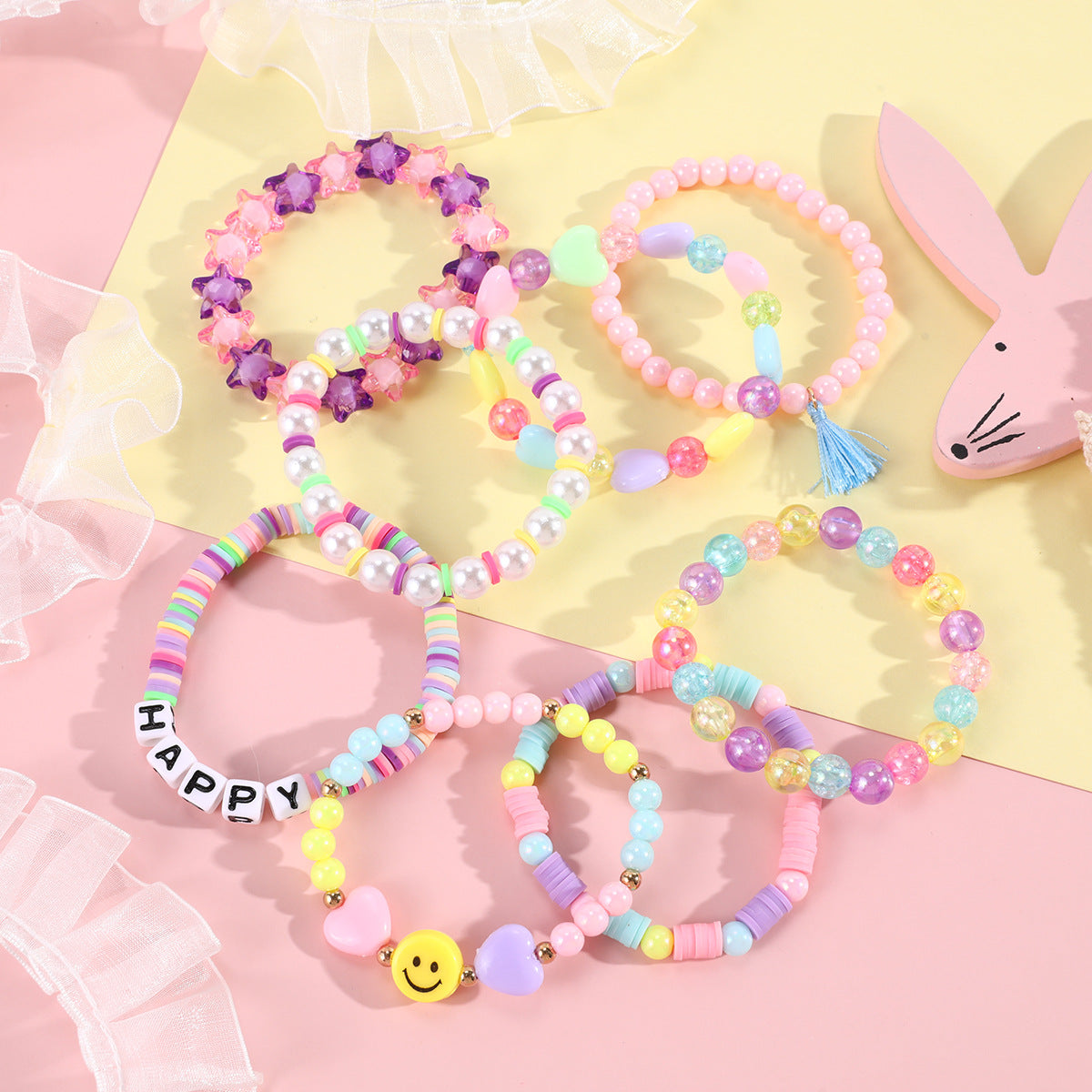 Simple Style Colorful Acrylic Beaded Kids' Bracelets with Pentagram and Smiley Face Design
