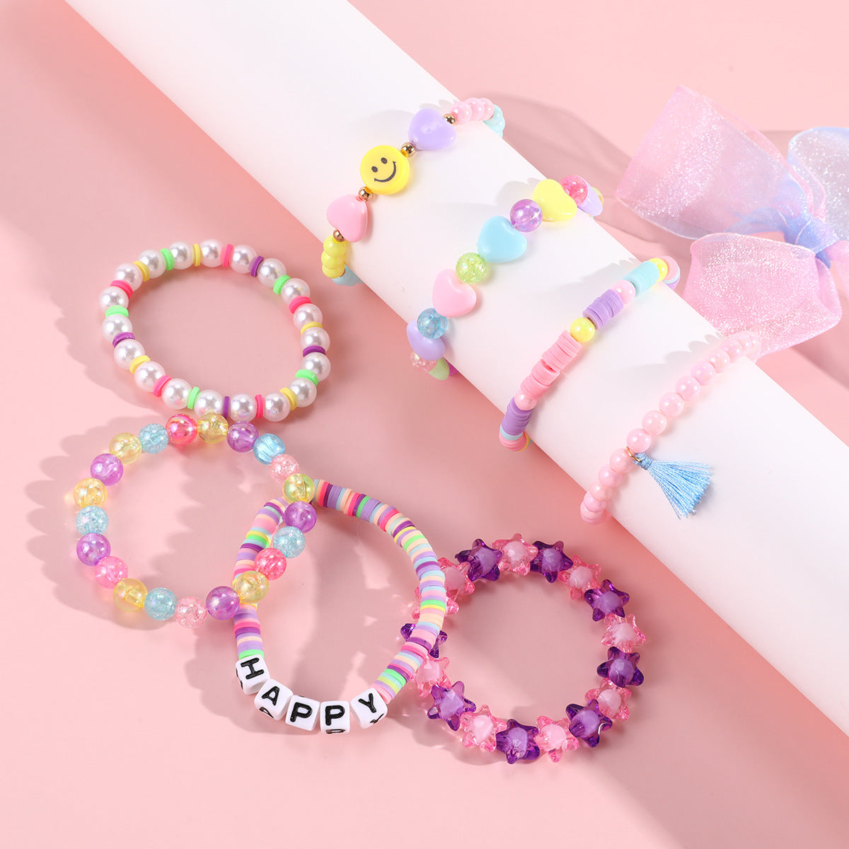 Simple Style Colorful Acrylic Beaded Kids' Bracelets with Pentagram and Smiley Face Design