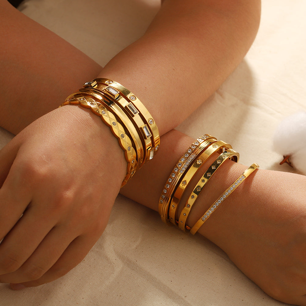 18K Gold Plated Stainless Steel Zircon Star Bangle Bracelet